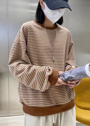 Fashion Chocolate O-Neck Striped Patchwork Cotton Sweatshirts Top Long Sleeve