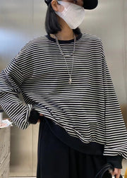 Fashion Coffee O-Neck Striped Patchwork Cotton Sweatshirts Top Long Sleeve