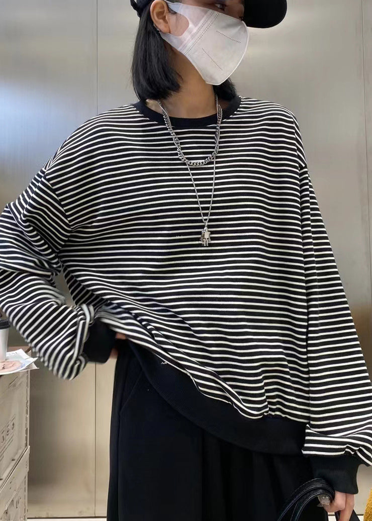 Fashion Chocolate O-Neck Striped Patchwork Cotton Sweatshirts Top Long Sleeve