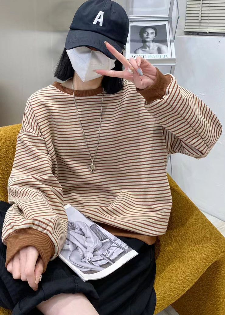 Fashion Coffee O-Neck Striped Patchwork Cotton Sweatshirts Top Long Sleeve