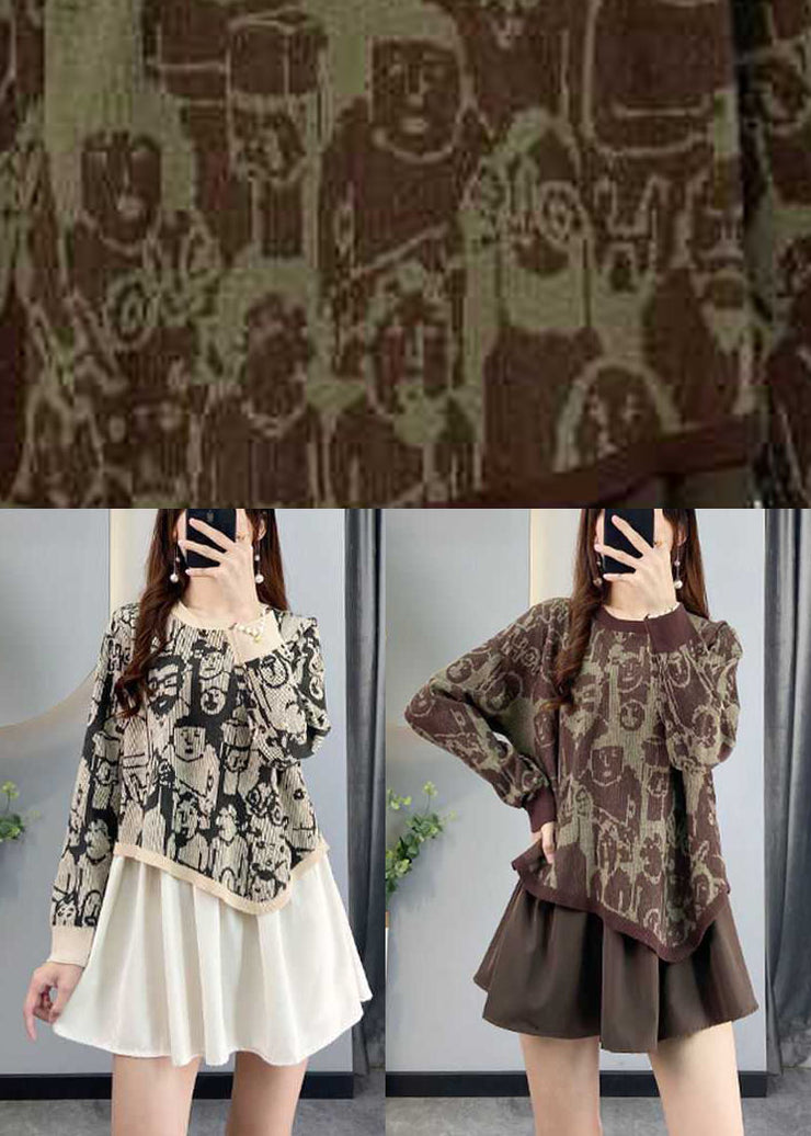 Fashion Coffee asymmetrisches Design Patchwork Print Herbst Strickpullover