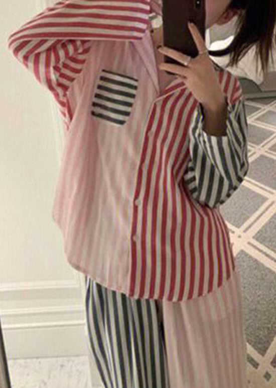 Fashion Colorblock Striped Patchwork Cotton Pajamas Two Piece Set Spring