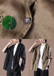 Fashion Dark Brown Notched Collar Pockets Linen Coat Long Sleeve