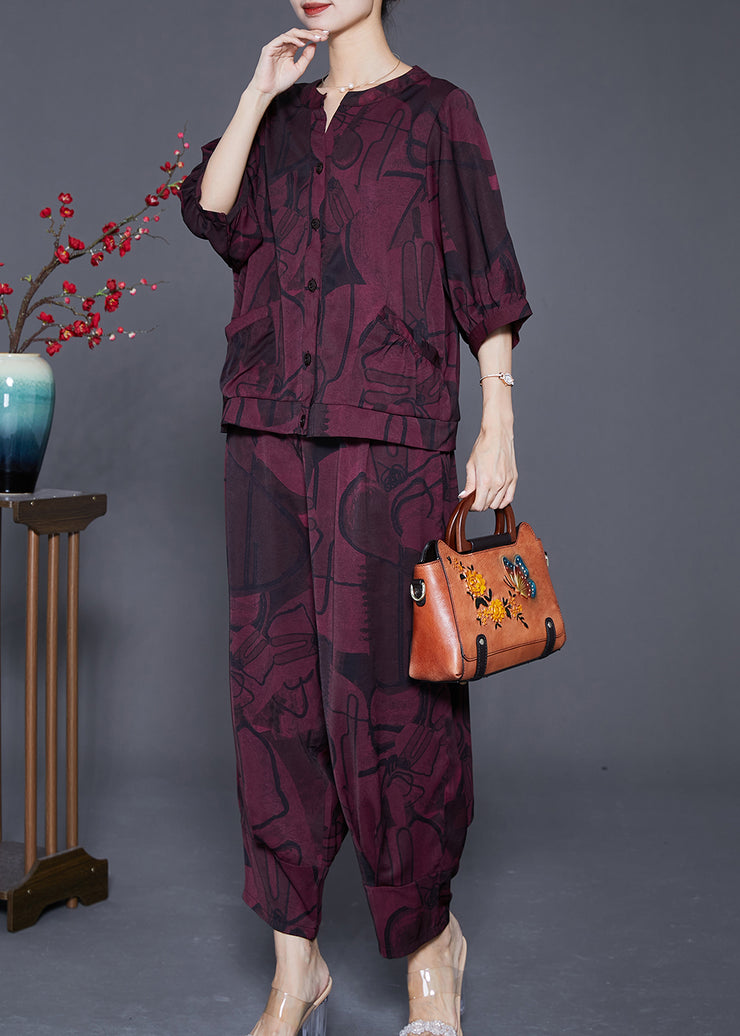 Fashion Dark Purple Oversized Print Silk Two Piece Set Outfits Summer