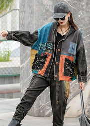 Fashion Denim Loose Patchwork Print Pockets Fall Long Sleeve Coat