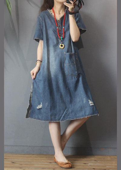 Fashion Denim V Neck side open Dress Summer - bagstylebliss