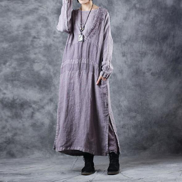 Fashion Embroidery Purple Cotton Linen Dresses For Women