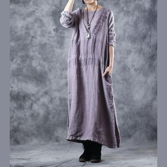 Fashion Embroidery Purple Cotton Linen Dresses For Women