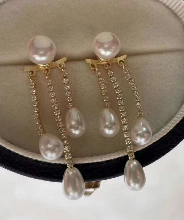 Fashion Gold Sterling Silver Overgild Zircon Pearl Tassel Drop Earrings