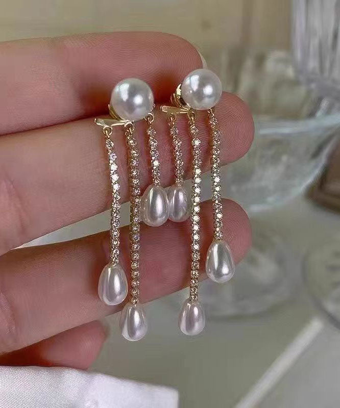 Fashion Gold Sterling Silver Overgild Zircon Pearl Tassel Drop Earrings