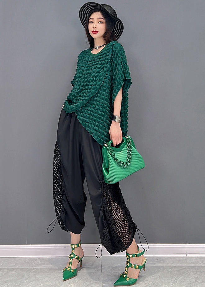 Fashion Green Asymmetrical Design Hollow Out Top And Crop Pant Two Piece Set Outfits Summer