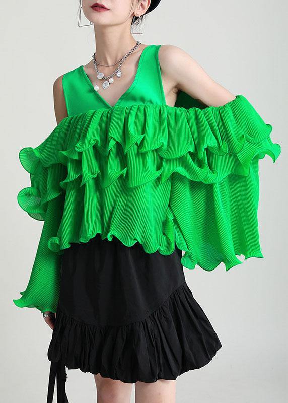 Fashion Green Asymmetrical Design Ruffled Cold Shoulder Chiffon Top Long Sleeve - bagstylebliss