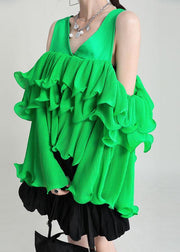 Fashion Green Asymmetrical Design Ruffled Cold Shoulder Chiffon Top Long Sleeve - bagstylebliss