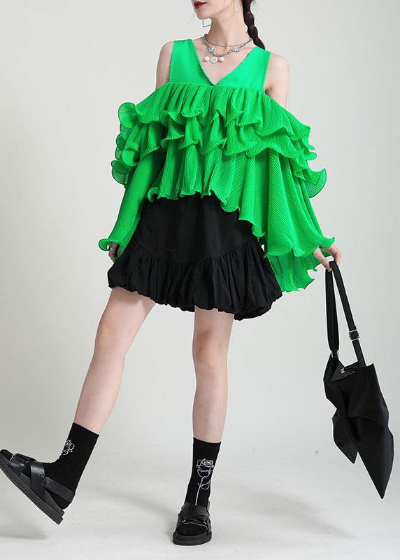 Fashion Green Asymmetrical Design Ruffled Cold Shoulder Chiffon Top Long Sleeve - bagstylebliss