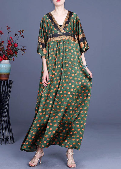 Fashion Green Dot Silk Patchwork V Neck Dress Summer - bagstylebliss