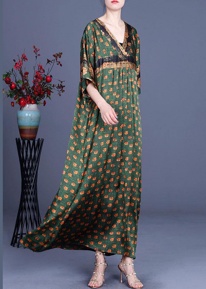 Fashion Green Dot Silk Patchwork V Neck Dress Summer - bagstylebliss