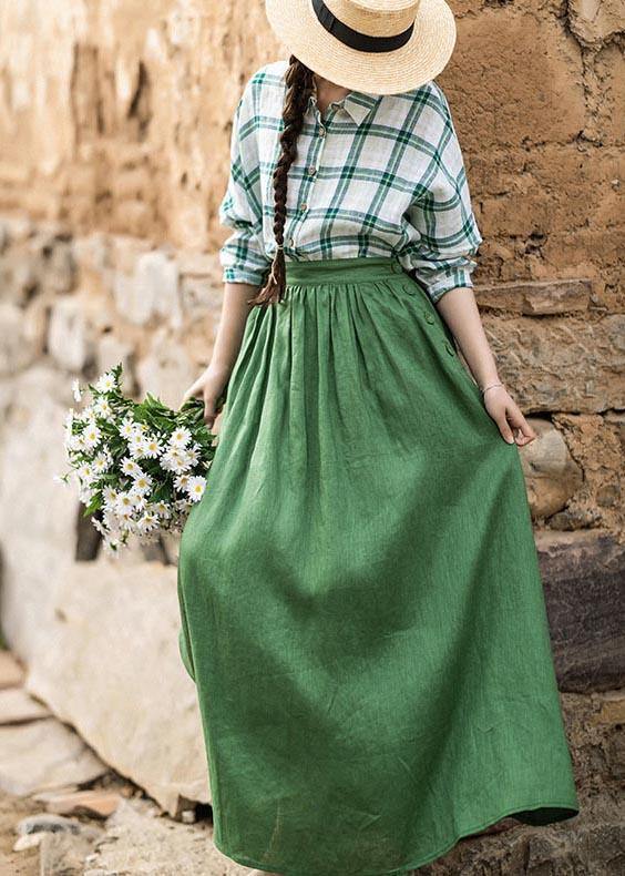 Fashion Green Elastic Waist A Line Skirts Summer Linen - bagstylebliss