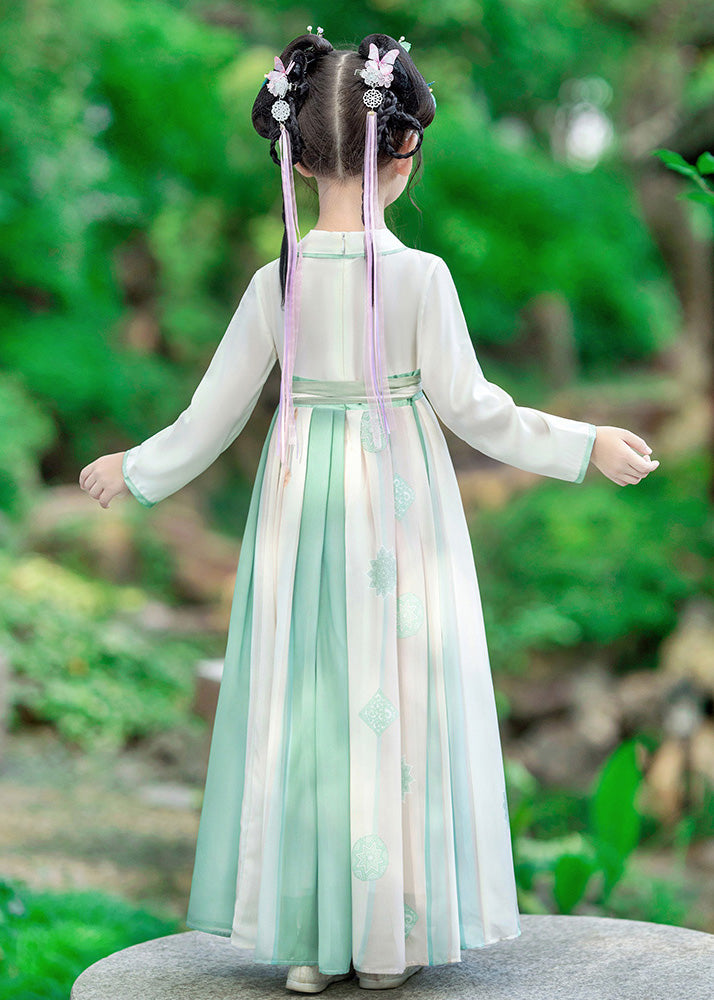 Fashion Green Embroidered Patchwork Tie Waist Kids Girls Long Dress Long Sleeve