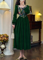 Fashion Green Jacquard Ruffled Silk Velour Long Dresses Spring