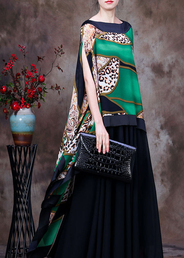 Fashion Green Leopard Print Low High Design Chiffon UPF 50+ Top Fledermausärmel
