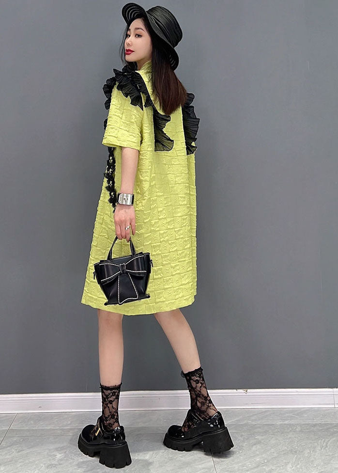 Fashion Green Notched Collar Patchwork Ruffles Oriental Button Mid Dresses Short Sleeve