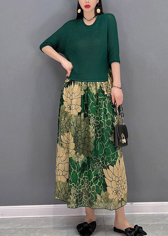 Fashion Green O-Neck Chiffon Patchwork Print Knit Long Dress Half Sleeve