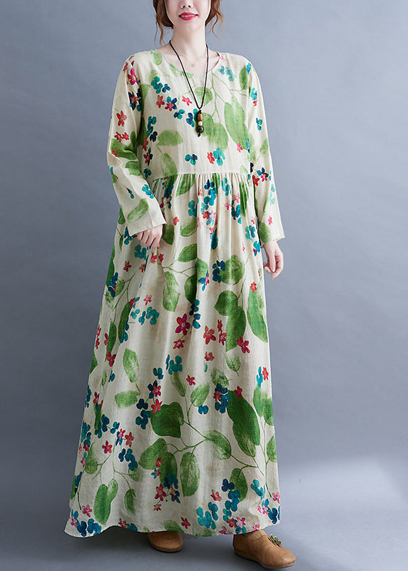 Fashion Green O-Neck Cinched Print Long Dress Long Sleeve