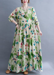 Fashion Green O-Neck Cinched Print Long Dress Long Sleeve