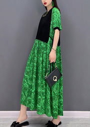 Fashion Green O-Neck Print Weste Patchwork Holiday Dress Short Sleeve