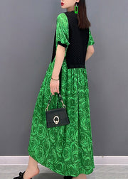 Fashion Green O-Neck Print Waistcoat Patchwork Holiday Dress Short Sleeve