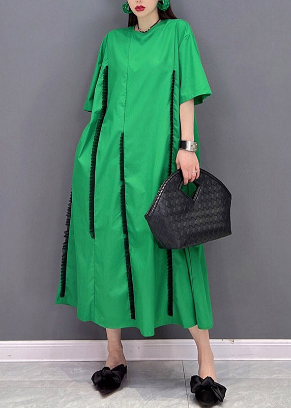 Fashion Green O-Neck Ruffled Patchwork Pockets Long Dress Short Sleeve