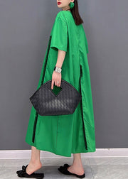 Fashion Green O-Neck Ruffled Patchwork Pockets Long Dress Short Sleeve