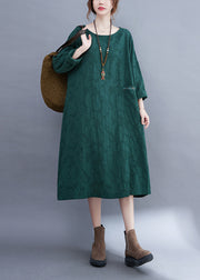 Fashion Green O-Neck side open Jacquard Pocket Linen Dress Long Sleeve