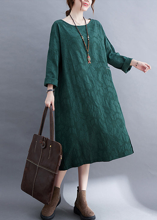 Fashion Green O-Neck side open Jacquard Pocket Linen Dress Long Sleeve