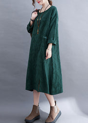 Fashion Green O-Neck side open Jacquard Pocket Linen Dress Long Sleeve