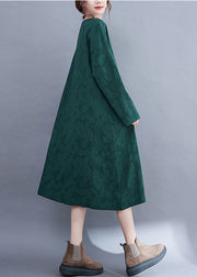 Fashion Green O-Neck side open Jacquard Pocket Linen Dress Long Sleeve