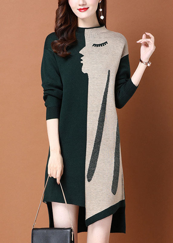 Fashion Green Patchwork asymmetrisches Design Slim Fit Herbst Pullover Kleid