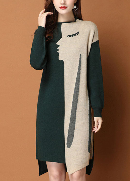 Fashion Green Patchwork asymmetrical design slim fit Fall Sweater Dress