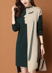 Fashion Green Patchwork asymmetrical design slim fit Fall Sweater Dress