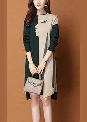 Fashion Green Patchwork asymmetrical design slim fit Fall Sweater Dress