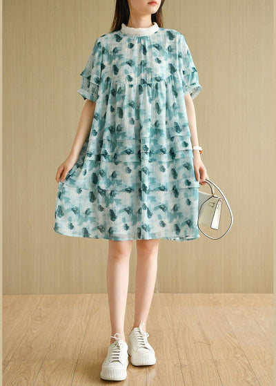 Fashion Green Peter Pan Collar Print Summer Cotton Dress Short Sleeve - bagstylebliss