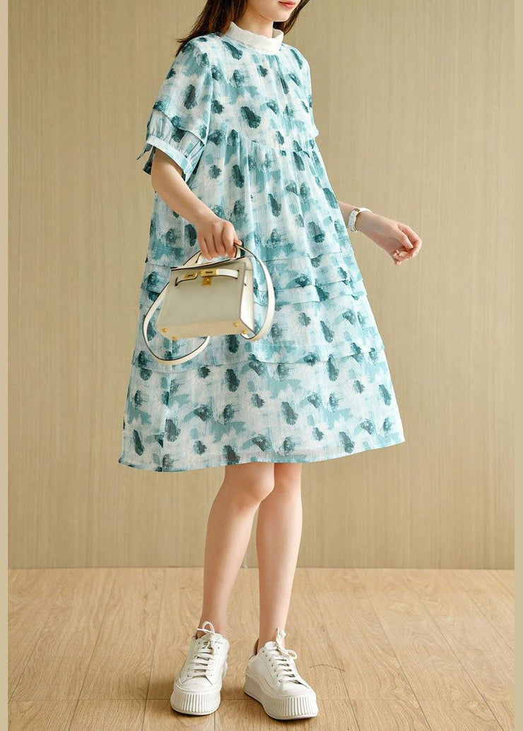 Fashion Green Peter Pan Collar Print Summer Cotton Dress Short Sleeve - bagstylebliss