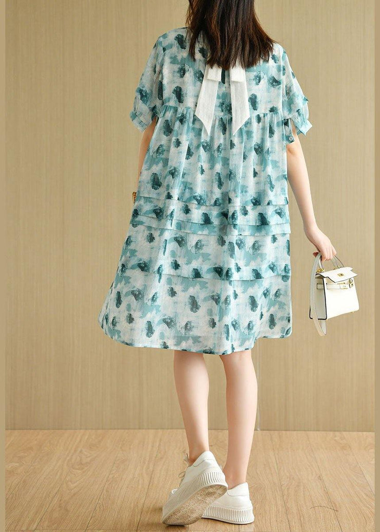 Fashion Green Peter Pan Collar Print Summer Cotton Dress Short Sleeve - bagstylebliss