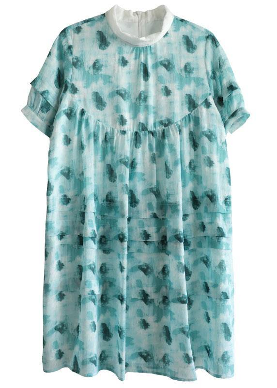 Fashion Green Peter Pan Collar Print Summer Cotton Dress Short Sleeve - bagstylebliss