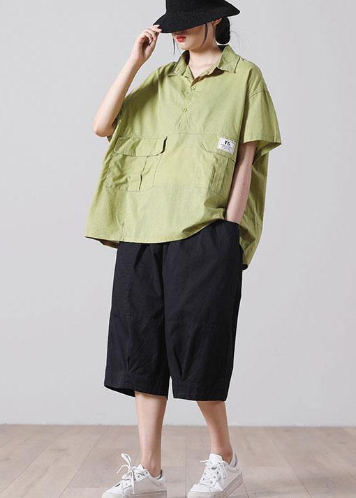 Fashion Green Pockets casual Cotton Blouse Tops Short Sleeve - bagstylebliss