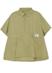Fashion Green Pockets casual Cotton Blouse Tops Short Sleeve - bagstylebliss