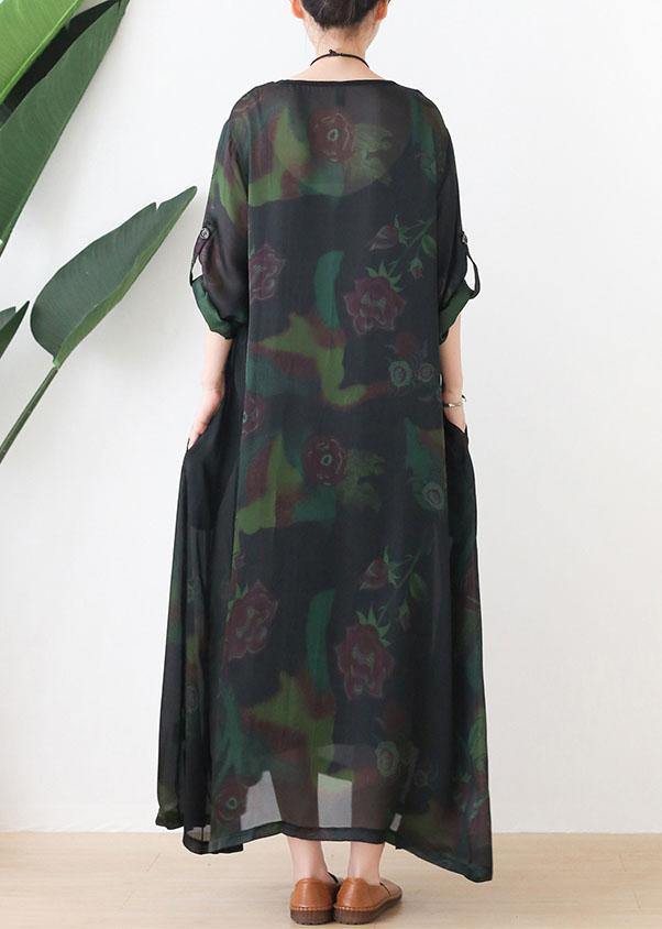 Fashion Green Print Chiffon Pockets Summer Dresses - bagstylebliss