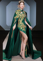 Fashion Green Stand Collar Embroidered Long Cloak And Dress Silk Two Pieces Set Long Sleeve