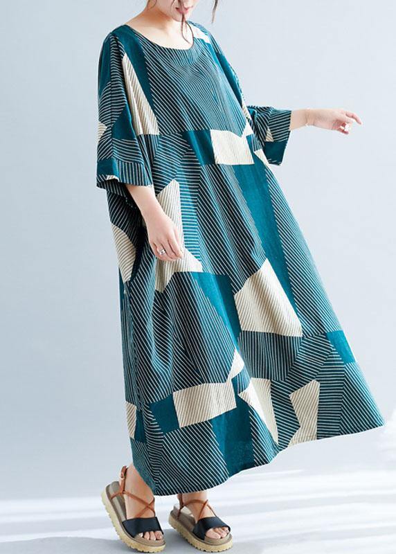 Fashion Green Striped O-Neck Loose Summer Bat Wing Sleeve Summer Dress - bagstylebliss