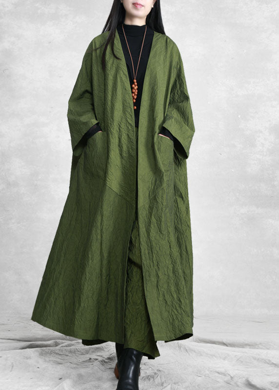 Fashion Green V Neck Pockets Trench Coats And Wide Leg Pants Two Pieces Set Spring